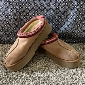 UGG Tan and Red Platform Slip-Ons with Cozy Suede